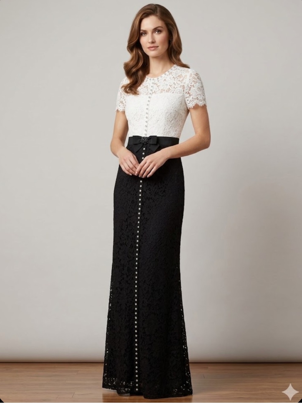 Escada Elegant Two-Tone Lace Gown Black and White Bow and Crystal Detail Size 32